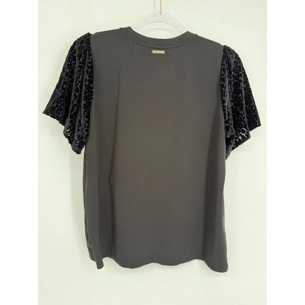 Michael Kors Womens Black Velvet Leopard Puff Sleeve Top Sz M